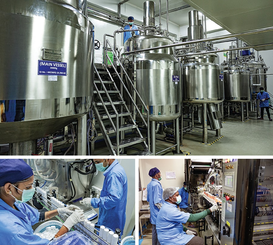 (Top) Formulated ingredients are mixed in blending vessels; (bottom, from left) an automatic bottle filling machine is monitored and capped; a labelling machine imprints filled tubes