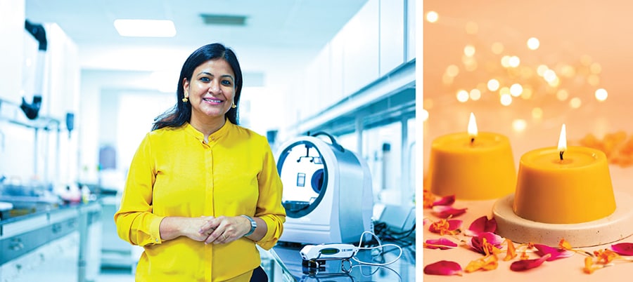 
Nat Habit co-founder Swagatika Das goes beyond conventional waste management practices by recycling all oils and beeswax and repurposing them into candles (right)
